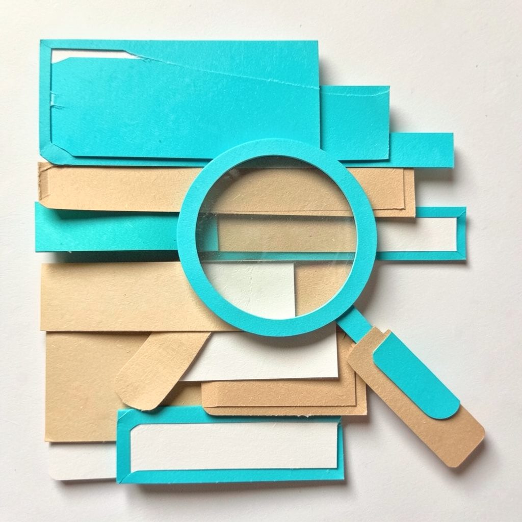 A layered paper cut-out collage of stacked books and a magnifying glass in bright cyan and warm tan tones, calm and inviting mood